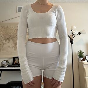 White Ribbed Long Sleeve Crop Top